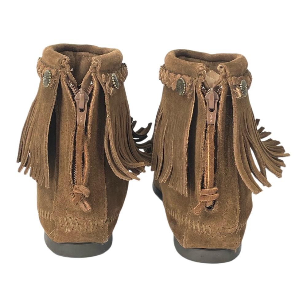 Minnetonka Brown Concho Suede Fringe Braid Ornamented Boots Size 8.5 Boho - Picture 6 of 16